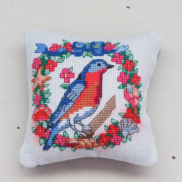 Handmade Bluebird Cross-Stitch Pincushion - Picture 2 of 9